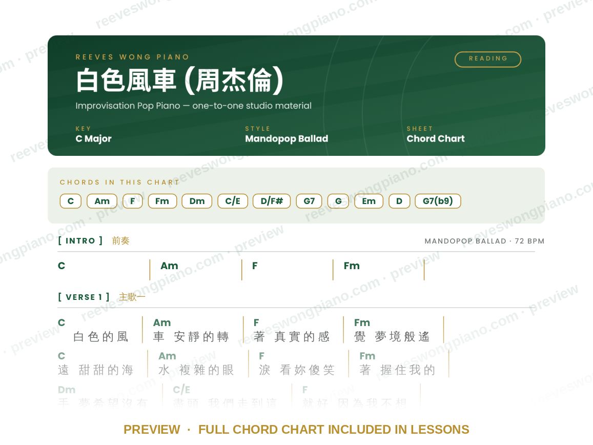 Preview of the 白色風車 chord chart by Reeves Wong Piano