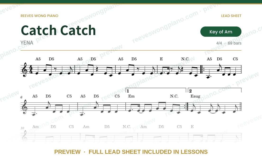 Preview of the Catch Catch lead sheet by Reeves Wong Piano