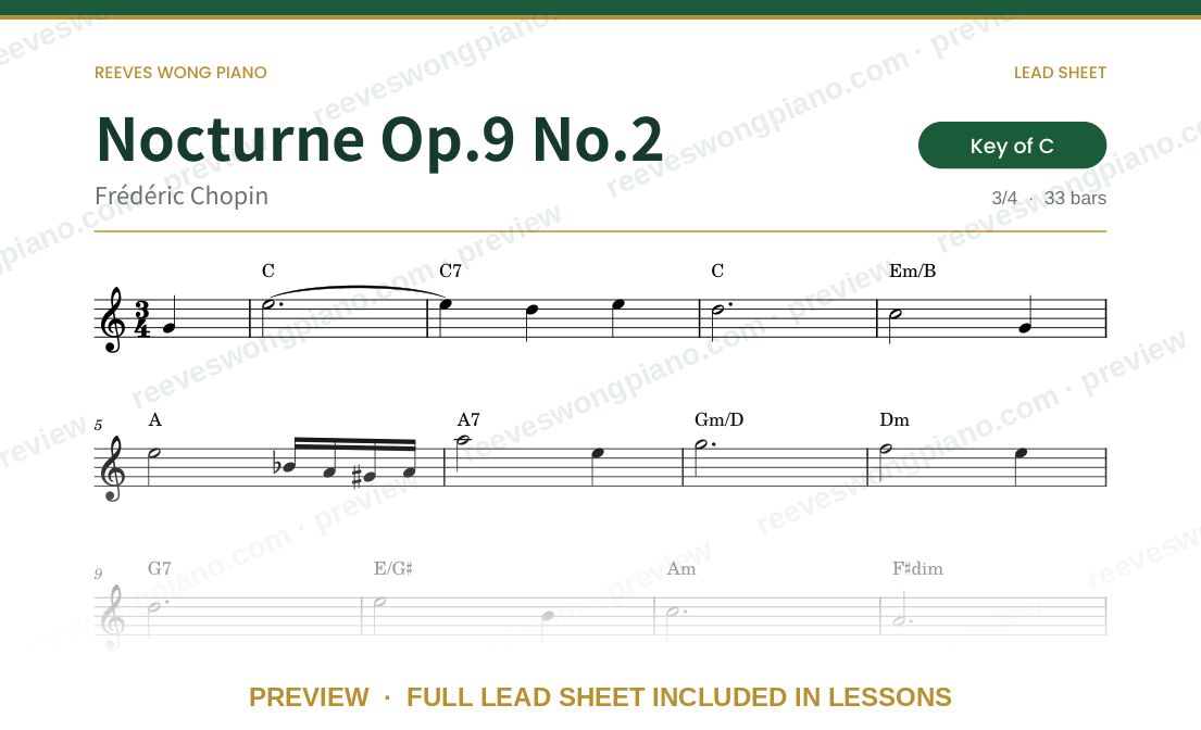 Preview of the Nocturne Op.9 No.2 lead sheet by Reeves Wong Piano