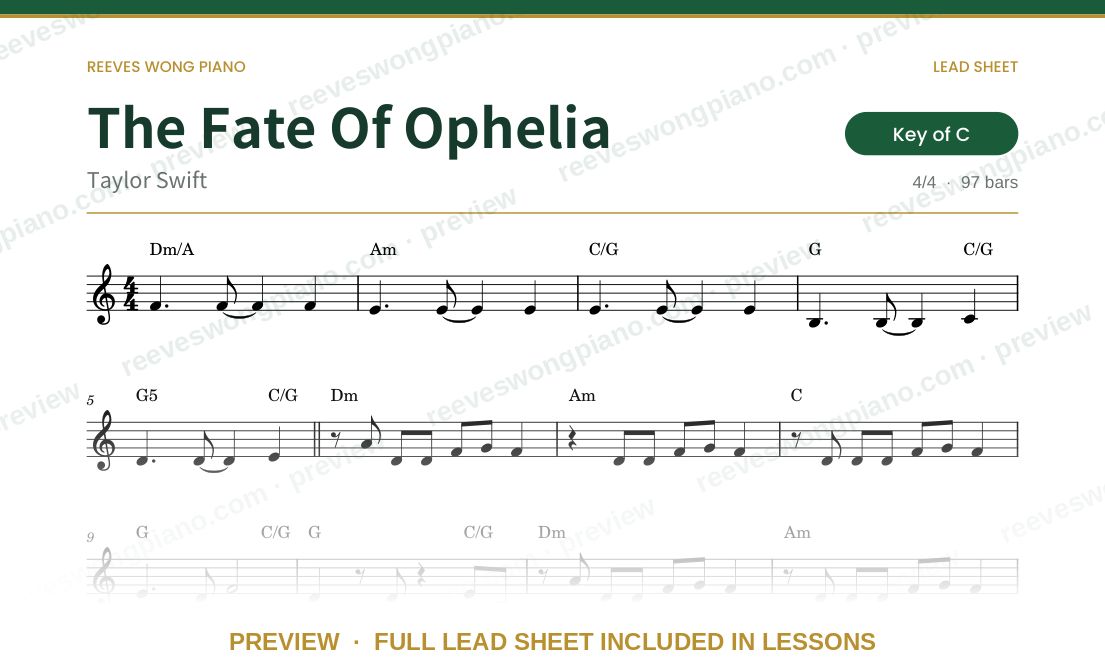 Preview of the The Fate Of Ophelia lead sheet by Reeves Wong Piano