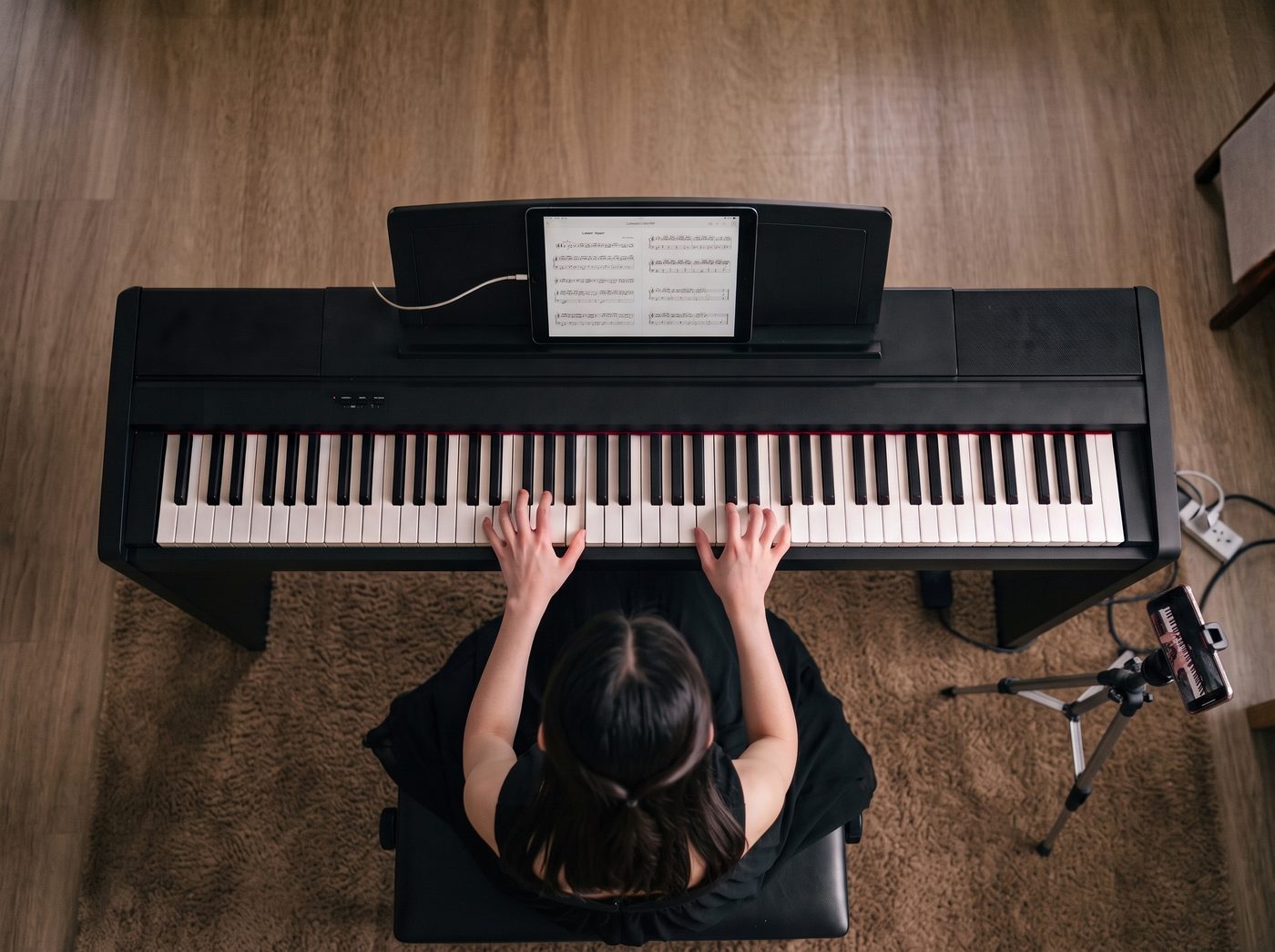A student at a digital piano, seen from above, with a tablet on the music rest and a phone on a tripod at the side pointing at the keys