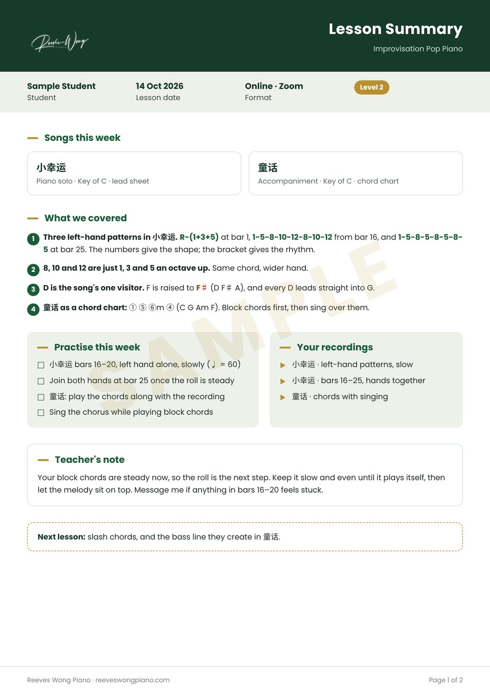 Sample lesson summary page with songs, what was covered, practice list and recordings