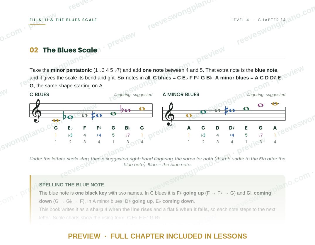 Page from Level 4 chapter 14, Fills III & the Blues Scale